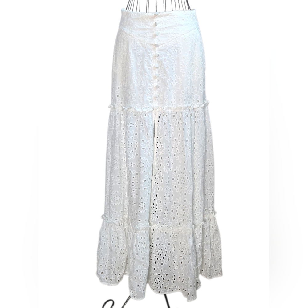 Studio F White Eyelet Tiered Ruffle Maxi Skirt Pockets Size 6